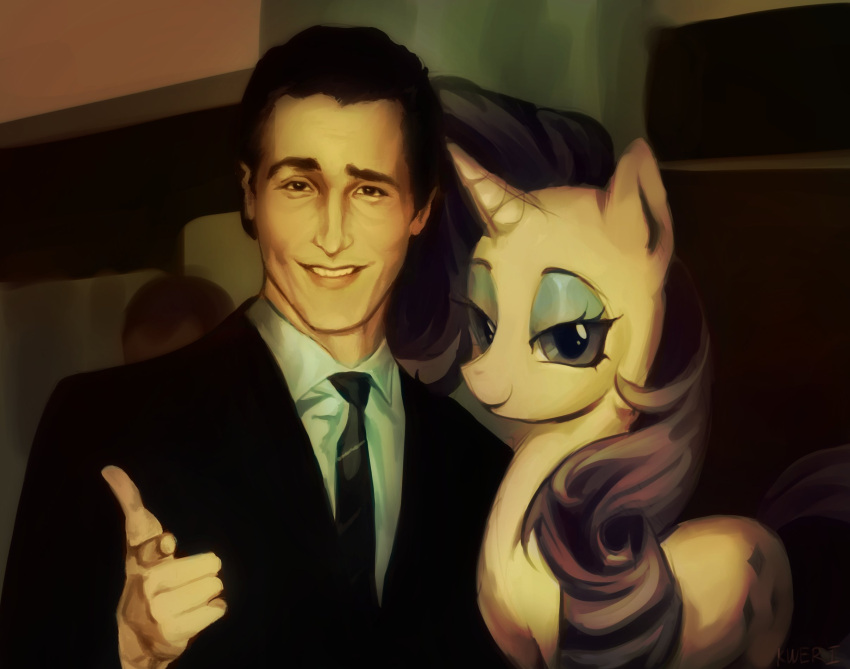 1girl, 2boys, black_eyes, black_hair, black_jacket, black_necktie, black_suit, blue_eyes, blue_eyeshadow, business_suit, christian_bale, collared_shirt, cutie_mark, eyeshadow, formal, highres, horns, jacket, kweri_pepsi, looking_at_viewer, makeup, multiple_boys, my_little_pony, my_little_pony:_friendship_is_magic, necktie, photo-referenced, pointing, pony_(animal), rarity, real_life, shirt, single_horn, suit, suit_jacket, unicorn