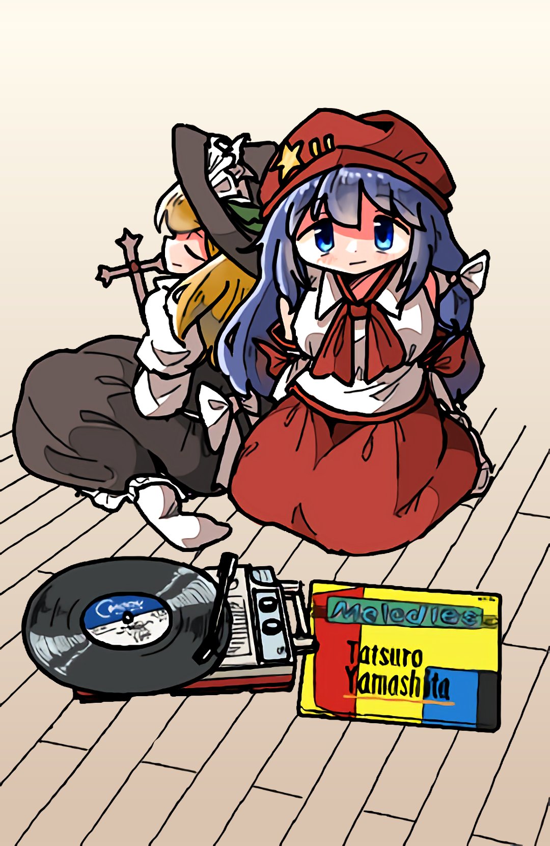 2girls, back_bow, black_dress, black_headwear, blonde_hair, blue_eyes, bow, cabbie_hat, closed_mouth, collared_vest, cross, detached_sleeves, dolls_in_pseudo_paradise, dress, hair_ornament, hat, highres, holding, holding_cross, jacket_girl_(dipp), juliet_sleeves, kasuya_baian, label_girl_(dipp), long_hair, long_sleeves, multiple_girls, phonograph, puffy_sleeves, purple_hair, record, red_ribbon, red_skirt, ribbon, shirt, skirt, smile, star_(symbol), star_hair_ornament, touhou, very_long_hair, vest, waist_bow, white_shirt, white_vest, wooden_floor