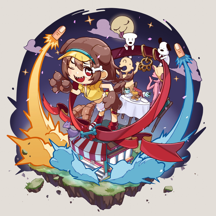 1girl, ;d, animal_ears, animal_hands, apron, bone-shaped_pupils, bone_hair_ornament, braid