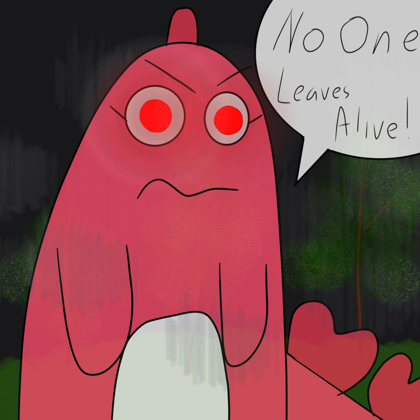 absurdres, angry, demon, english_text, forest, frown, highres, looking_at_viewer