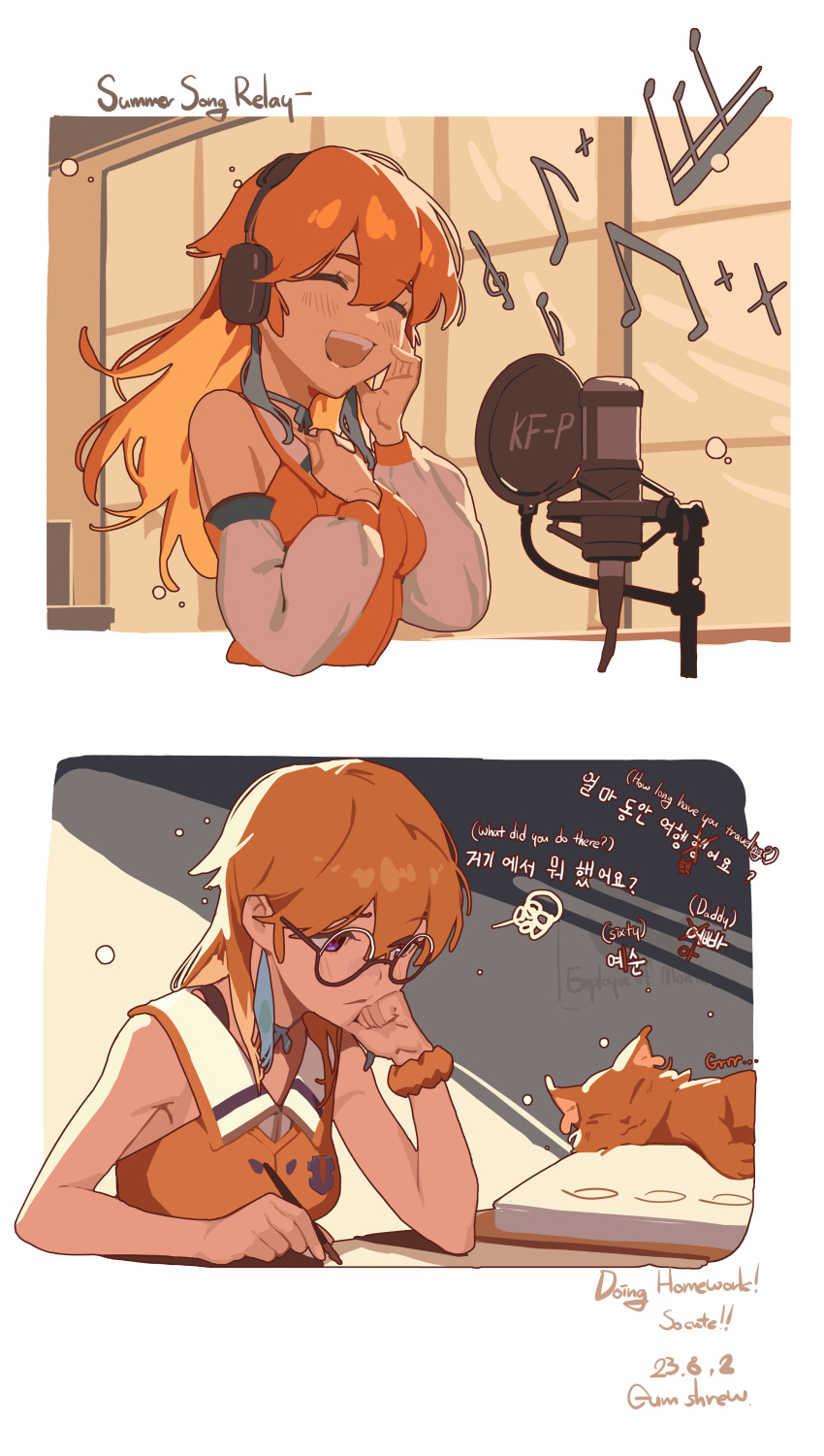 1girl, absurdres, arm_scrunchie, artist_name, blush, cat, dated, earrings, english_text, feather_earrings, feathers, gum_shrew, hand_on_own_cheek, hand_on_own_face, headphones, highres, hololive, hololive_english, jewelry, korean_text, long_hair, microphone, music, musical_note, orange_hair, round_eyewear, singing, studio_microphone, studying, takanashi_kiara, takanashi_kiara_(1st_costume), violet_eyes, virtual_youtuber