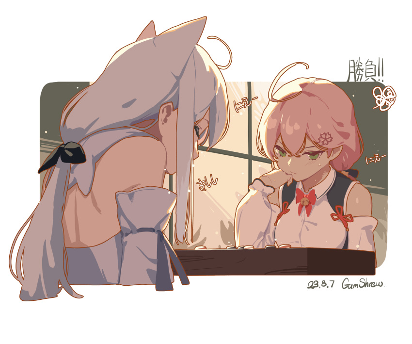 2girls, absurdres, ahoge, animal_ears, bare_shoulders, board_game, bow, bowtie