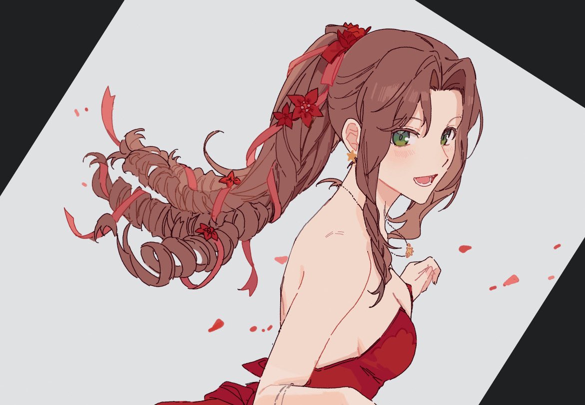 1girl, aerith_gainsborough, arashiko_falcom, armlet, bare_shoulders, brown_hair, commentary, dress
