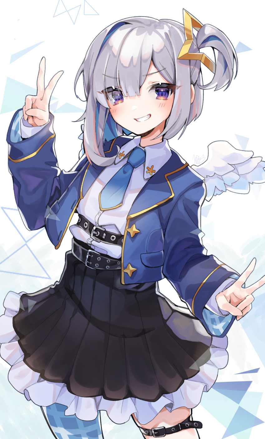 1girl, absurdres, alternate_costume, amane_kanata, angel_wings, asymmetrical_hair, belt, black_belt