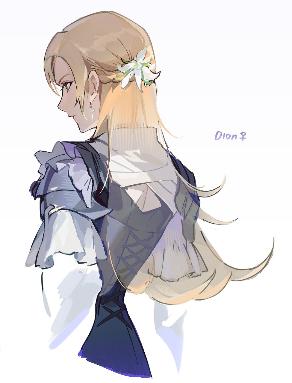 1girl, arashiko_falcom, blonde_hair, blue_dress, brown_eyes, character_name, dangle_earrings, dion_lesage, dress, earrings, facing_away, final_fantasy, final_fantasy_xvi, flower, frilled_sleeves, frills, from_behind, genderswap, genderswap_(mtf), hair_flower, hair_ornament, highres, jewelry, long_hair, parted_bangs, shirt, solo, upper_body, white_background, white_flower, white_shirt