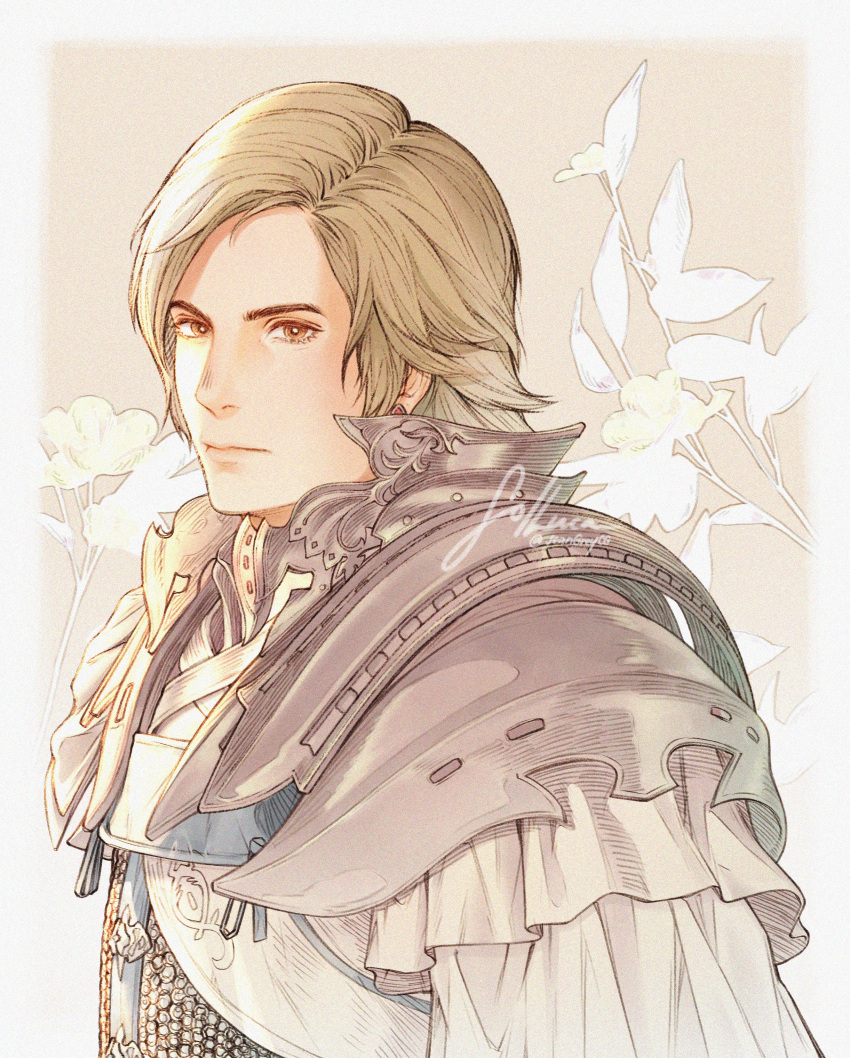 1boy, absurdres, armor, artist_name, blonde_hair, brown_eyes, chainmail, closed_mouth