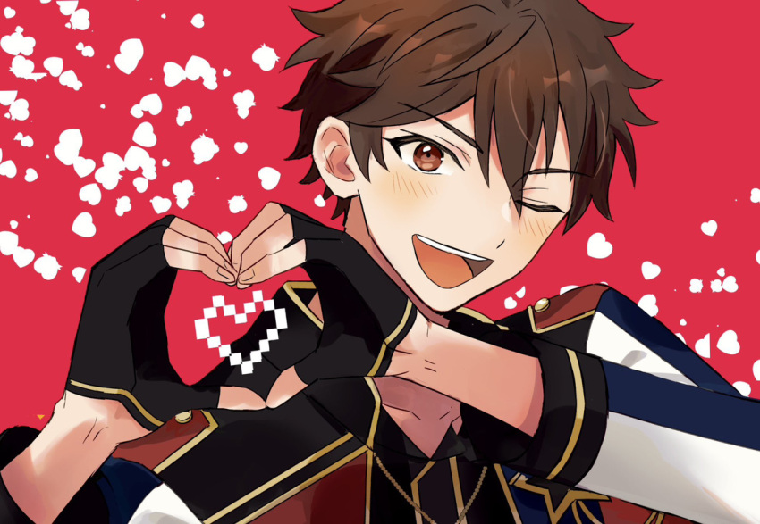 1boy, black_gloves, blush, brown_eyes, brown_hair, commentary_request, ensemble_stars!, fingerless_gloves