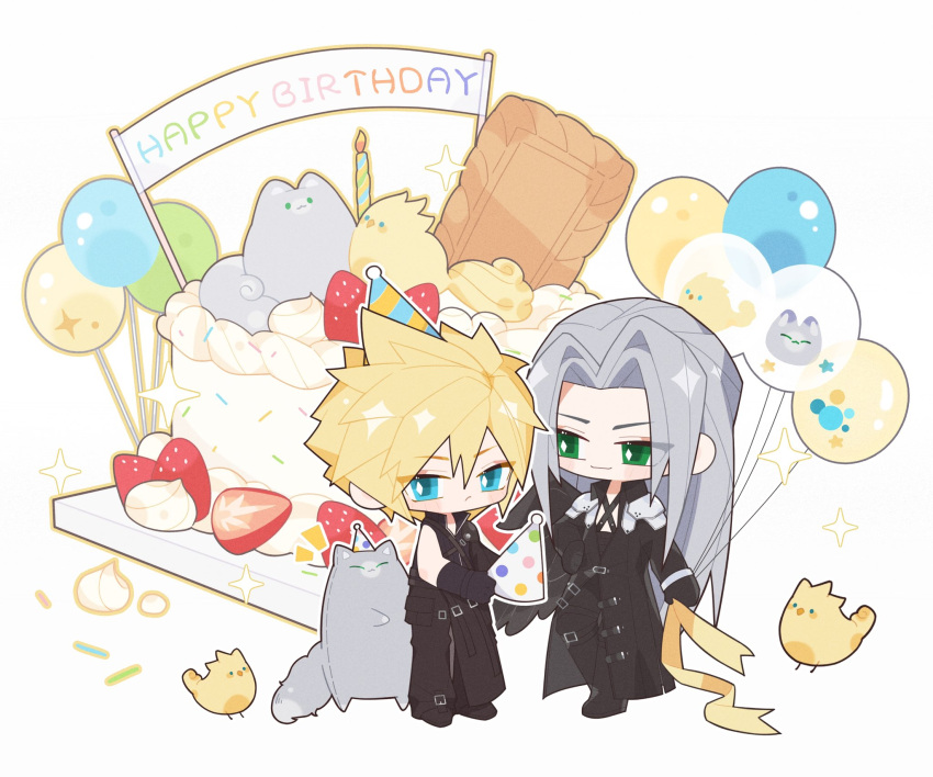2boys, armor, asymmetrical_sleeves, baggy_pants, balloon, belt_buckle, bird, black_footwear, black_gloves, black_pants, black_shirt, black_wings, blonde_hair, blue_eyes, boots, bracer, buckle, cake, candle, cat, chest_harness, chibi, chick, cloud_strife, coat, dapanggezilan, expressionless, feathered_wings, final_fantasy, final_fantasy_vii, final_fantasy_vii_advent_children, food, fruit, gloves, green_eyes, grey_cat, grey_hair, happy_birthday, harness, hat, high_collar, highres, icing, light_smile, long_bangs, long_coat, long_sleeves, male_focus, messy_hair, multiple_boys, pants, parted_bangs, party_hat, pastry, pauldrons, ribbon, sephiroth, shirt, short_hair, shoulder_armor, single_pauldron, sleeveless, sleeveless_turtleneck, smile, sparkle, sprinkles, strap, strawberry, thigh_boots, turtleneck, wings, yellow_ribbon, zipper