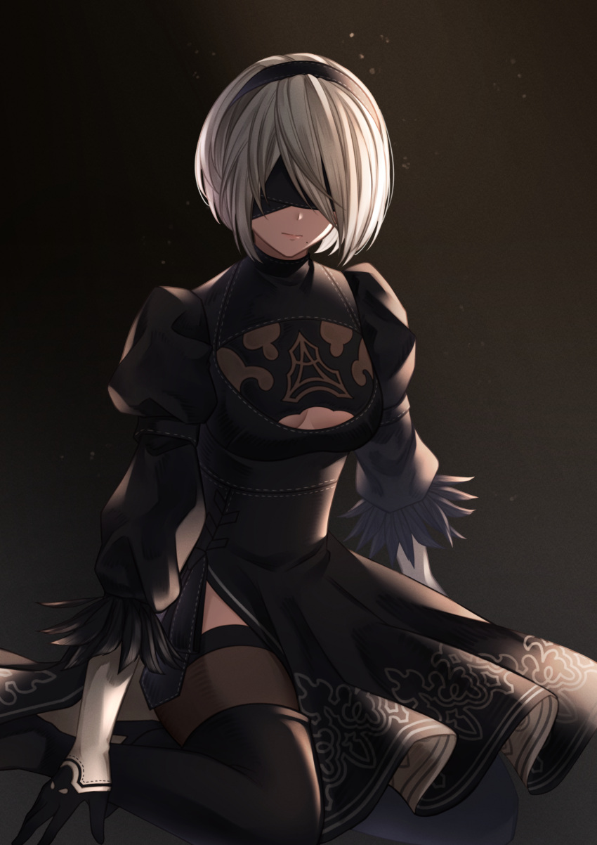 1girl, 2b_(nier:automata), absurdres, annno_ans, black_background, black_blindfold, black_dress, black_footwear