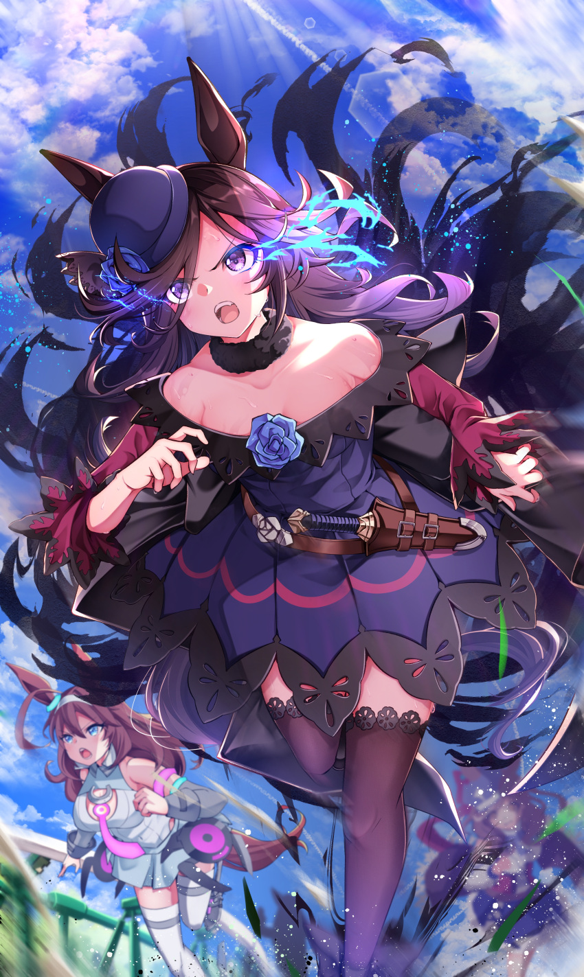 3girls, absurdres, ahoge, animal_ears, aura, blurry, blurry_background, breasts, clouds, collarbone, commentary_request, dark_aura, detached_sleeves, ear_ornament, ears_through_headwear, flower, glowing, glowing_eyes, hero_(10cl3), highres, horse_ears, horse_girl, horse_tail, kikuka-sho, lens_flare, long_hair, looking_to_the_side, matikane_tannhauser_(umamusume), medium_breasts, mihono_bourbon_(umamusume), multiple_girls, open_mouth, racing, rice_shower_(umamusume), rose, running, sky, small_breasts, tail, thigh-highs, umamusume, violet_eyes, weapon