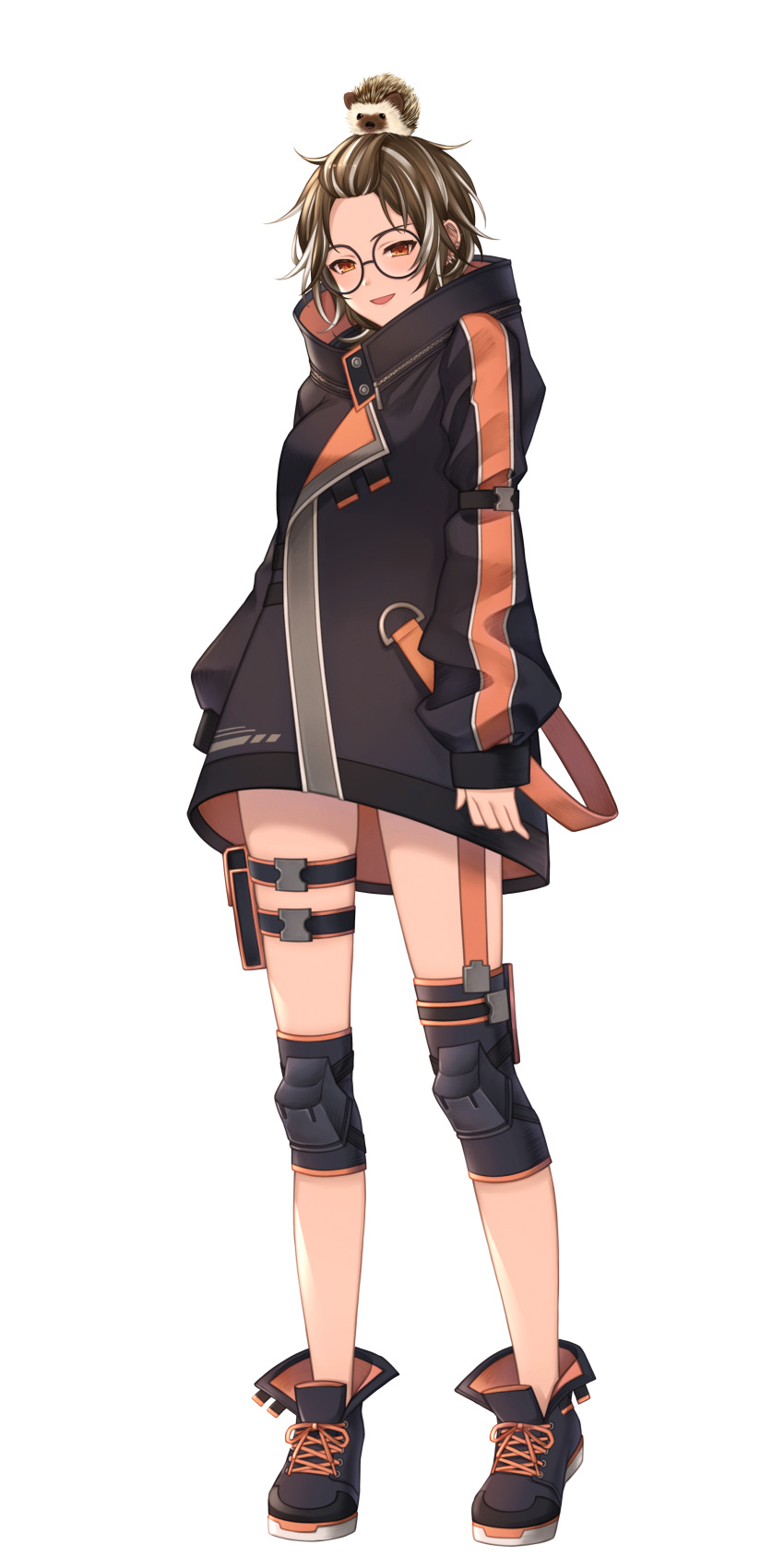 1girl, :d, absurdres, animal_on_head, annno_ans, arms_at_sides, bangs_pinned_back, black-framed_eyewear