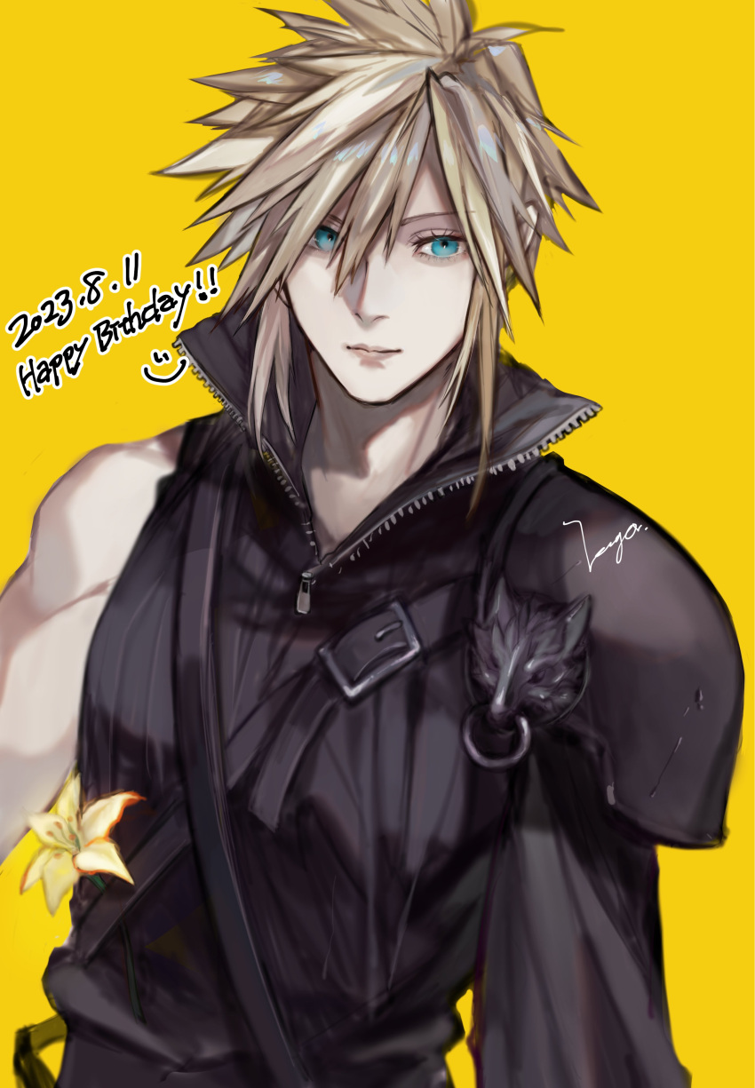 1boy, absurdres, armor, asymmetrical_sleeves, black_shirt, blonde_hair, blue_eyes, buckle, cloud_strife, final_fantasy, final_fantasy_vii, final_fantasy_vii_advent_children, flower, high_collar, highres, light_smile, male_focus, messy_hair, pauldrons, sekiyu_0h, shirt, short_hair, shoulder_armor, simple_background, single_pauldron, sleeveless, sleeveless_shirt, sleeveless_turtleneck, smile, spiky_hair, strap, turtleneck, yellow_background, yellow_flower, zipper