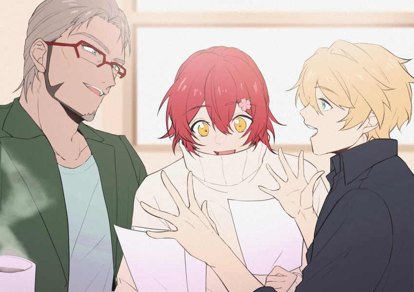 3boys, :d, absurdres, akaie11, alternate_costume, aqua_shirt, arurandeisu, arurandeisu_(old_design), beard, black_shirt, blonde_hair, blue_eyes, blurry, blurry_background, coffee, coffee_mug, collared_shirt, cup, double-parted_bangs, eye_contact, facial_hair, flower, glasses, green_jacket, grey_eyes, grey_hair, hair_between_eyes, hair_flower, hair_ornament, hair_slicked_back, hairclip, hanasaki_miyabi, highres, holding, holding_paper, holostars, indoors, jacket, kishido_temma, lapels, looking_at_another, male_focus, mature_male, mug, multiple_boys, notched_lapels, open_clothes, open_hands, open_jacket, paper, profile, reading, red-framed_eyewear, redhead, shirt, short_hair, sleeves_past_wrists, smile, steam, sweater, t-shirt, talking, teeth, turtleneck, turtleneck_sweater, upper_body, upper_teeth_only, virtual_youtuber, white_sweater, window, yellow_eyes, yurustars
