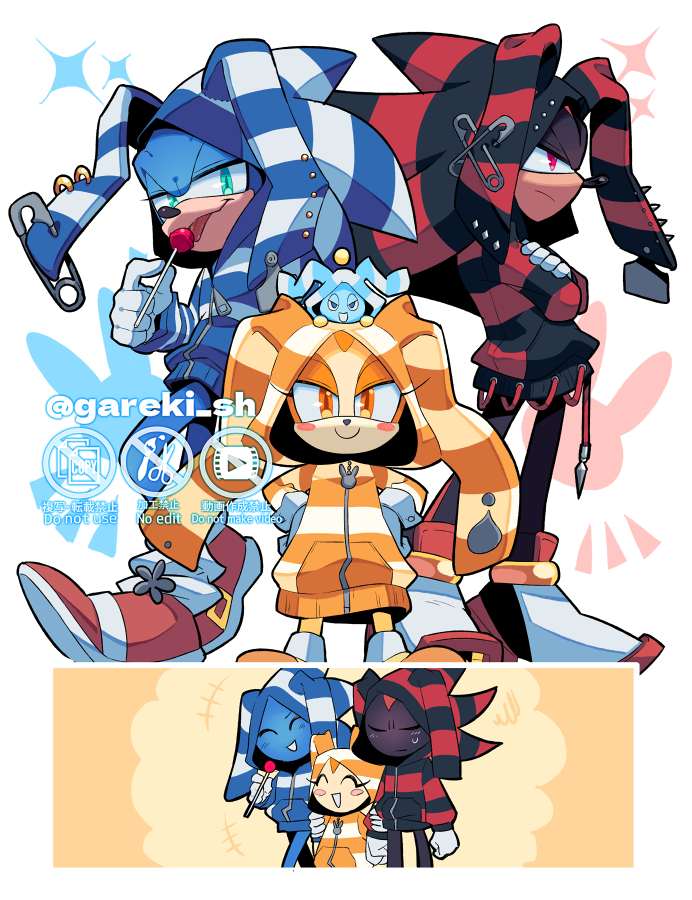 1girl, 2boys, ^_^, animal_ears, animal_hood, annoyed, black_fur, black_hoodie, blue_fur, blue_hoodie, blush, blush_stickers, candy, cheese_(sonic), chibi, closed_eyes, cream_the_rabbit, crossed_arms, ear_piercing, embarrassed, fake_animal_ears, food, gareki_sh, gloves, green_eyes, hands_on_own_hips, happy, holding_another's_arm, hood, hood_up, hoodie, lollipop, long_eyelashes, multiple_boys, no_pants, open_mouth, orange_eyes, orange_hoodie, piercing, rabbit_ears, rabbit_hood, red_eyes, red_footwear, red_hoodie, safety_pin_piercing, shadow_the_hedgehog, shoes, smile, smug, sneakers, sonic_(series), sonic_the_hedgehog, striped, striped_hoodie, sweatdrop, two-tone_hoodie, urban, white_gloves, zipper