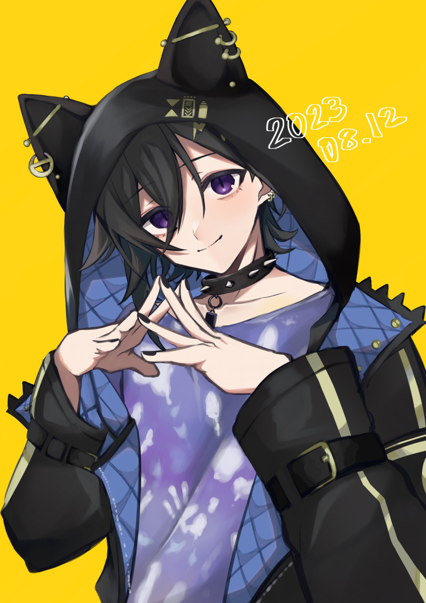1boy, absurdres, animal_ears, bishounen, black_hair, black_nails, choker, collar, ear_piercing, highres, holostars, kanade_izuru, male_focus, mg_ytm, piercing, short_hair, smile, solo, spiked_collar, spikes, upper_body, violet_eyes