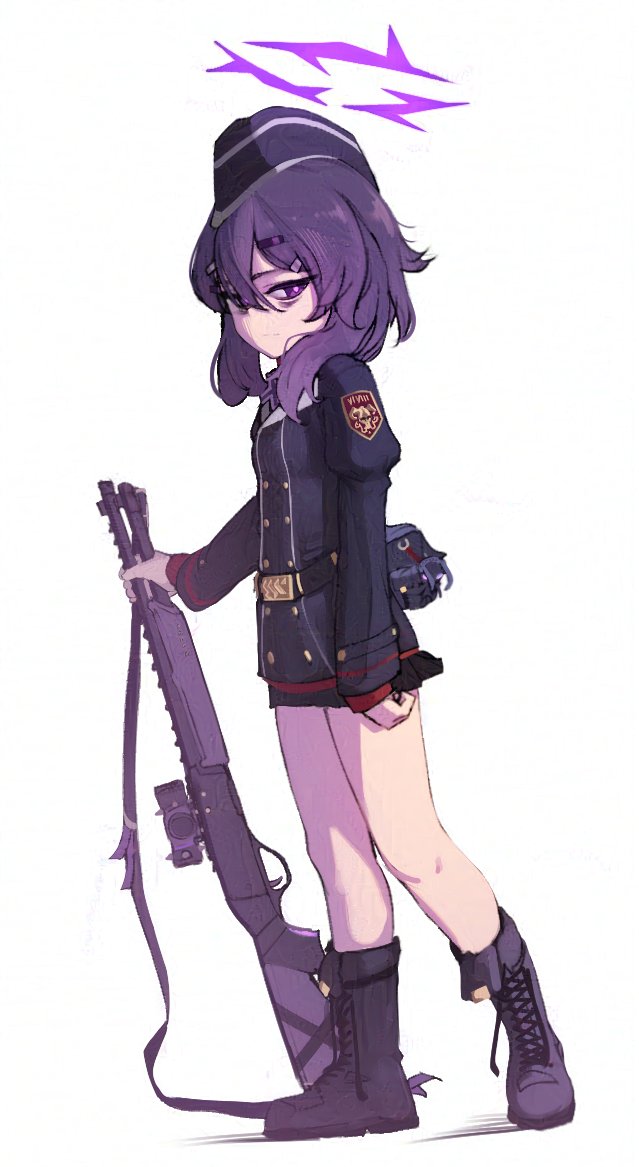 1girl, bags_under_eyes, blue_archive, boots, breasts, garrison_cap, gun, hair_ornament