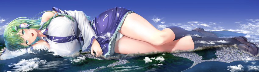 absurdres, black_socks, blue_eyes, blue_sky, breasts, brown_footwear, city, comiket_102
