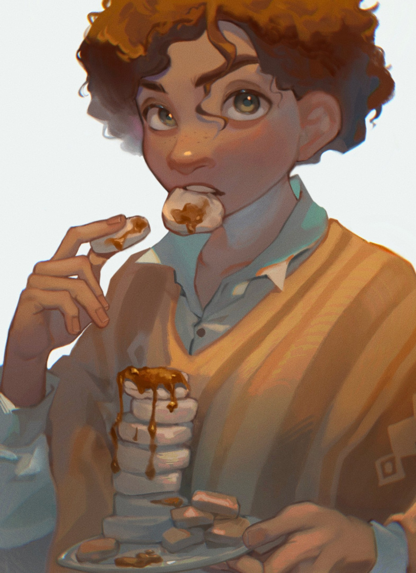 1boy, arepa, brown_hair, buttons, camilo_madrigal, collarbone, curly_hair, dark-skinned_male