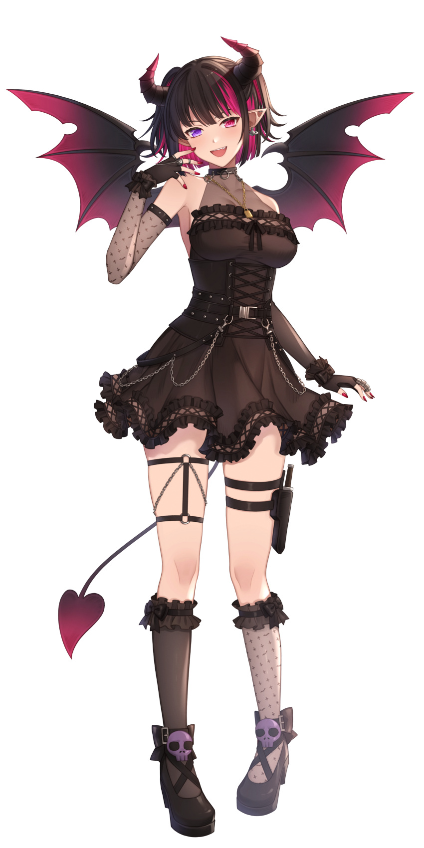 1girl, :d, absurdres, ankle_bow, annno_ans, asymmetrical_legwear, belt, black_belt