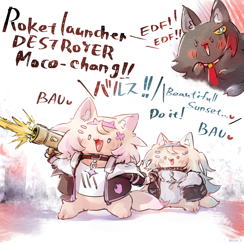3girls, animal_collar, animal_ears, animalization, bandaid_hair_ornament, black_collar, black_jacket, blue_brooch, blue_eyes, blue_hairband, chibi, collar, dog, dog_ears, dog_tail, fake_horns, fur-trimmed_jacket, fur_trim, fuwawa_abyssgard, fuwawa_abyssgard_(dog), hair_ornament, hairband, hairclip, headphones, headphones_around_neck, highres, hololive, hololive_english, horns, ikayaki_(artist), jacket, mococo_abyssgard, mococo_abyssgard_(dog), multiple_girls, necktie, ookami_mio_(wolf), open_mouth, pink_brooch, pink_hairband, red_necktie, siblings, smile, tail, twins, two_side_up, virtual_youtuber, wolf, x_hair_ornament