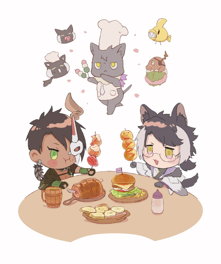 2boys, :d, :i, absurdres, animal, animal_ears, apple, apron