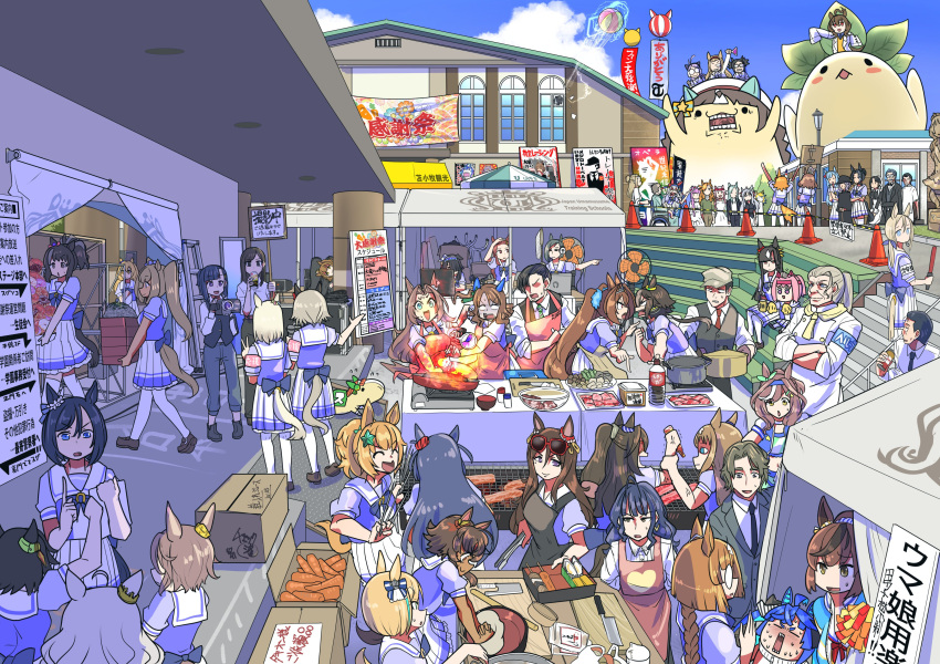 6+boys, 6+girls, :3, :d, =3, =_=, ^_^, absurdres, agnes_tachyon_(umamusume), ahoge, akitsu_teio_(umamusume), anger_vein, animal_ears, animalization, antenna_hair, apron, armband, aston_machan_(umamusume), bitter_glasse_(umamusume), biwa_hayahide_(umamusume), black_apron, black_bow, black_bowtie, black_footwear, black_hair, black_necktie, black_pants, black_shirt, blonde_hair, blowing_whistle, blue_eyes, blue_hair, blue_hairband, blue_jacket, blue_ribbon, blunt_bangs, blush, bnw_(umamusume), bob_cut, borrowed_character, bottle, bow, bowtie, box, braid, braided_bun, bridge_comp_(umamusume), brown_apron, brown_eyes, brown_footwear, brown_hair, camera, can, carrot, character_request, cheerleader, chef, chibi, clenched_hand, closed_eyes, collared_shirt, cone, cooking, crop_top, crossed_arms, crossover, crown, crown_braid, curren_chan_(umamusume), cutting_board, daiwa_scarlet_(umamusume), dark-skinned_female, dark_skin, doka_doka_(umamusume), domino_mask, domo-kun, drinking, ear_covers, ear_ornament, ear_ribbon, ear_scrunchie, earrings, ears_through_headwear, eishin_flash_(umamusume), el_condor_pasa_(umamusume), empty_eyes, eyewear_on_head, facial_hair, fang, female_trainer_(umamusume), flask, flipped_hair, flower_in_eye, folkqueen_(umamusume), frilled_apron, frills, frying_pan, fujimasa_march, glasses, gotou_kiichi, gradient_hair, grass_wonder_(umamusume), green_bow, green_eyes, green_necktie, green_ribbon, grey_hair, grey_pants, grilling, hachimaki, hair_between_eyes, hair_bow, hair_bun, hair_intakes, hair_ornament, hair_over_one_eye, hair_ribbon, hairband, hairclip, happy_meek_(umamusume), haru_urara_(umamusume), hat, headband, highres, hishi_amazon_(umamusume), hokko_tarumae_(umamusume), holding, holding_bottle, holding_camera, holding_can, holding_flask, holding_microphone, holding_paper, holding_tongs, horse_ears, horse_girl, horse_tail, horseshoe_ornament, ikuno_dictus_(umamusume), index_finger_raised, jacket, jewelry, kashimoto_riko, kawakami_princess_(umamusume), kii-kun_(agnes_tachyon)_(umamusume), king_halo_(umamusume), kiryuin_aoi, kiryuuin_aoi, knife, komiyama_masami, lab_coat, light_brown_hair, little_cocon_(umamusume), loafers, long_hair, long_sleeves, looking_at_another, looking_to_the_side, low-tied_long_hair, low_ponytail, low_twintails, maid, maid_apron, mandarin_collar, mask, matikane_tannhauser_(blue_turbulence)_(umamusume), matikane_tannhauser_(umamusume), matikanefukukitaru_(umamusume), meisho_doto_(umamusume), mejiro_ardan_(umamusume), mejiro_family_doctor, mejiro_ramonu_(umamusume), microphone, midriff, mini_crown, mob_cap, mole, mole_under_eye, multicolored_hair, multiple_boys, multiple_girls, mustache, narita_taishin_(umamusume), navel, necktie, nice_nature_(run&amp;win)_(umamusume), nice_nature_(umamusume), nippon_housou_kyoukai, obey_your_master_(umamusume), official_alternate_costume, open_mouth, orange_hair, pants, paper, pink_apron, pink_eyes, pink_hair, pink_headband, pleated_skirt, pointing, pointing_at_another, pointing_to_the_side, pom_pom_(cheerleading), ponytail, puffy_short_sleeves, puffy_sleeves, purple_bow, purple_bowtie, purple_serafuku, purple_shirt, red_apron, red_armband, red_eyes, red_headband, red_jacket, red_necktie, red_scrunchie, ribbon, roar_yell!_tracen_academy_cheerleading_squad_(umamusume), round_eyewear, sailor_collar, sailor_shirt, sakazaki_freddy, school_uniform, scrunchie, seeking_the_pearl_(umamusume), serafuku, shirt, shoes, short_hair, short_sleeves, silence_suzuka_(umamusume), single_ear_cover, single_hair_bun, skirt, sleeves_past_fingers, sleeves_past_wrists, smile, star_(symbol), star_hair_ornament, streaked_hair, strong_zero, summer's_sunlight_fades_to_blue_(umamusume), sunglasses, sweater, sweater_vest, swept_bangs, symbol_in_eye, t.m._opera_o_(umamusume), tagball_rumble:_witty_warfare!_(umamusume), taiki_shuttle_(umamusume), tail, tail_through_clothes, tamamo_cross_(umamusume), tiara, tongs, toni_bianca_(umamusume), tracen_school_uniform, tracen_training_uniform, track_jacket, trainer_(umamusume), trainer_minamizaka, twin_turbo_(umamusume), twintails, two-tone_hair, umamusume, umamusume:_cinderella_gray, very_long_hair, vest, video_camera, violet_eyes, vodka_(umamusume), waist_apron, wavy_hair, wheelchair, white_apron, white_armband, white_hair, white_sailor_collar, white_scrunchie, white_shirt, winning_ticket_(umamusume), yellow_eyes, yellow_sweater