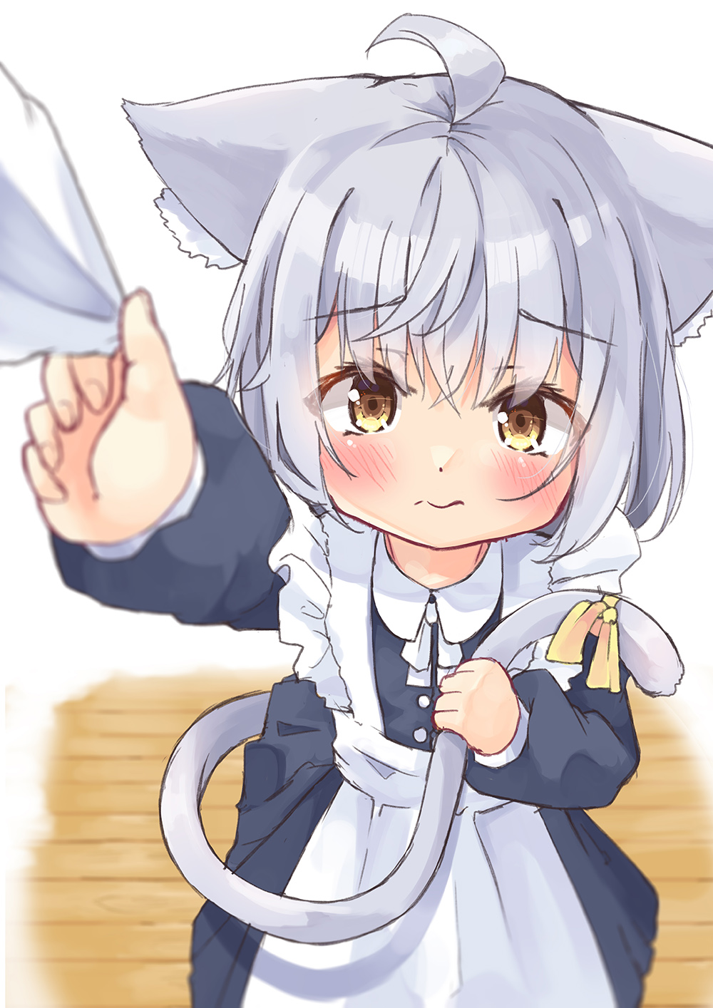 1girl, animal_ear_fluff, animal_ears, apron, black_dress, blurry, cat_ears, cat_girl, cat_tail, child, clothes_grab, depth_of_field, dress, grey_hair, highres, holding_own_tail, maid, maid_apron, manabe_mana, original, photoshop_(medium), tail, white_apron, yellow_eyes