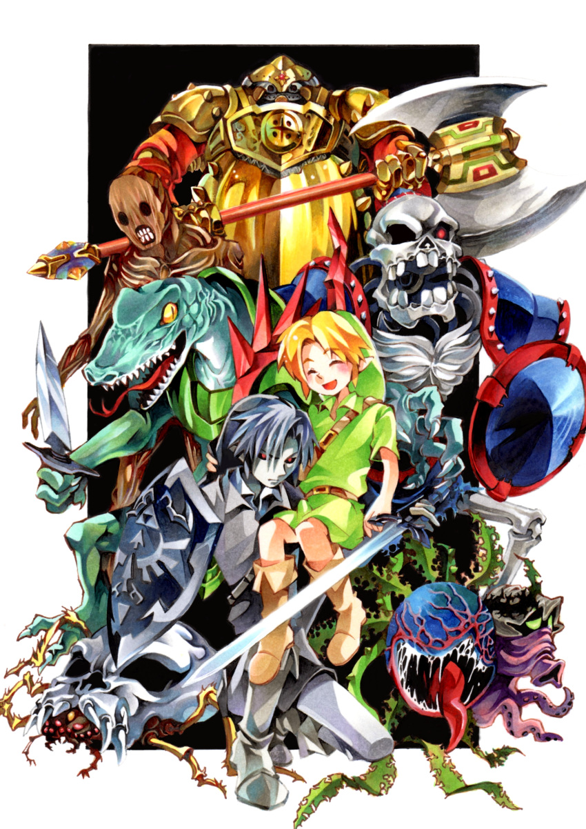 2boys, absurdres, armor, axe, battle_axe, belt, black_sclera, blonde_hair, blush, boots, border, brown_belt, brown_footwear, bug, closed_eyes, closed_mouth, colored_sclera, colored_skin, dagger, deku_baba, empty_eyes, forked_tongue, full_armor, green_headwear, green_tunic, grey_footwear, grey_hair, grey_skin, grey_tunic, highres, holding, holding_axe, holding_shield, holding_sword, holding_weapon, hylian_shield, iron_knuckle, knife, link, lizalfos, lizard, master_sword, minami_no_shirou, monster, multiple_boys, octorok, one-eyed, pants, pointy_ears, red_eyes, redead, saliva, sharp_teeth, shield, shoulder_armor, single_empty_eye, skeleton, skulltula, spider, stalfos, sword, teeth, the_legend_of_zelda, tongue, traditional_media, weapon, white_border, white_pants, young_link