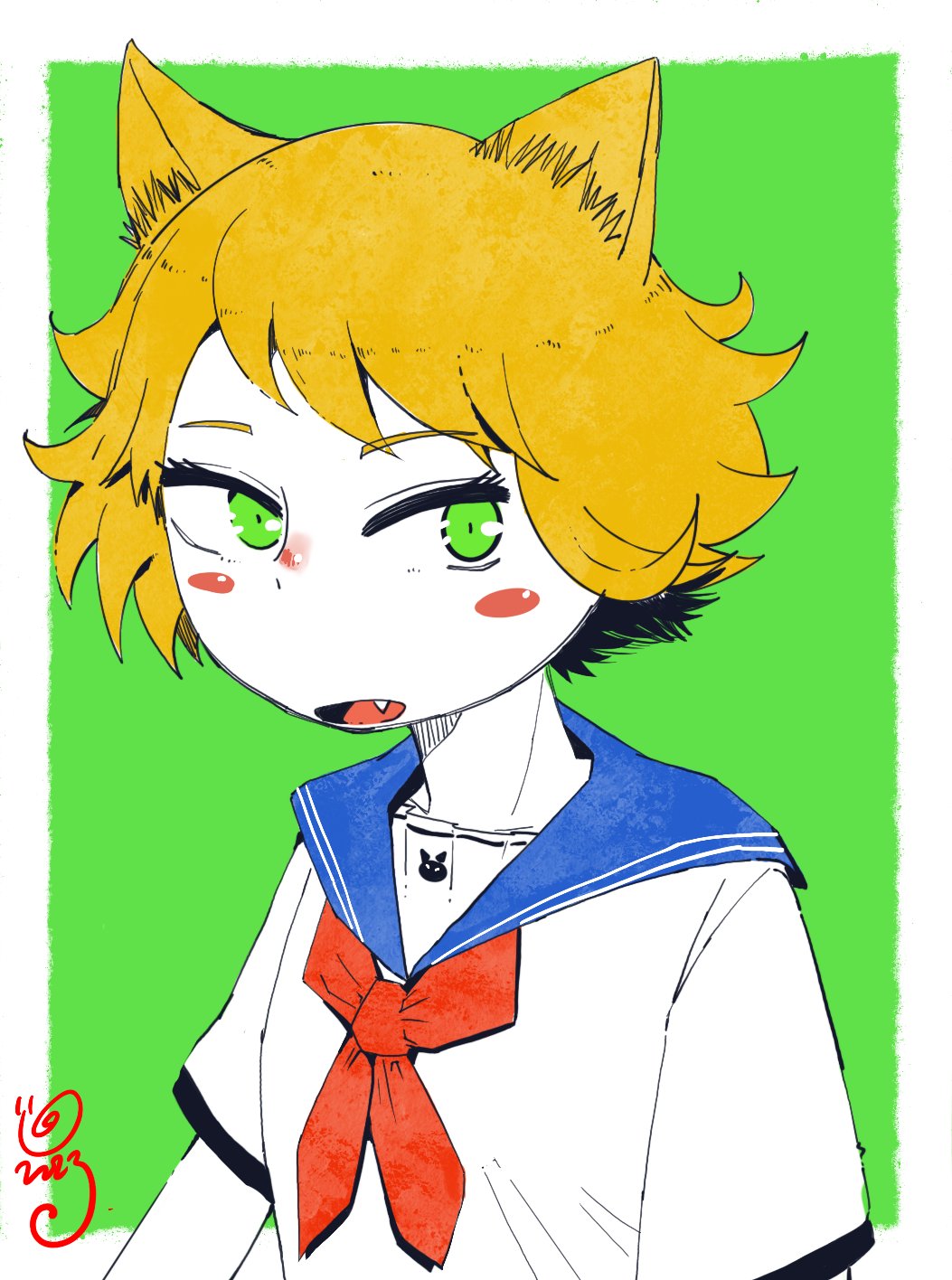1girl, animal_ears, blue_sailor_collar, blush, border, bow, bowtie, cat_ears, cat_girl, dated, fang, green_background, green_eyes, highres, looking_at_viewer, open_mouth, orange_hair, original, outside_border, red_bow, red_bowtie, sailor_collar, school_uniform, serafuku, shirt, short_hair, signature, simple_background, tetsuneko2929, upper_body, white_border, white_shirt