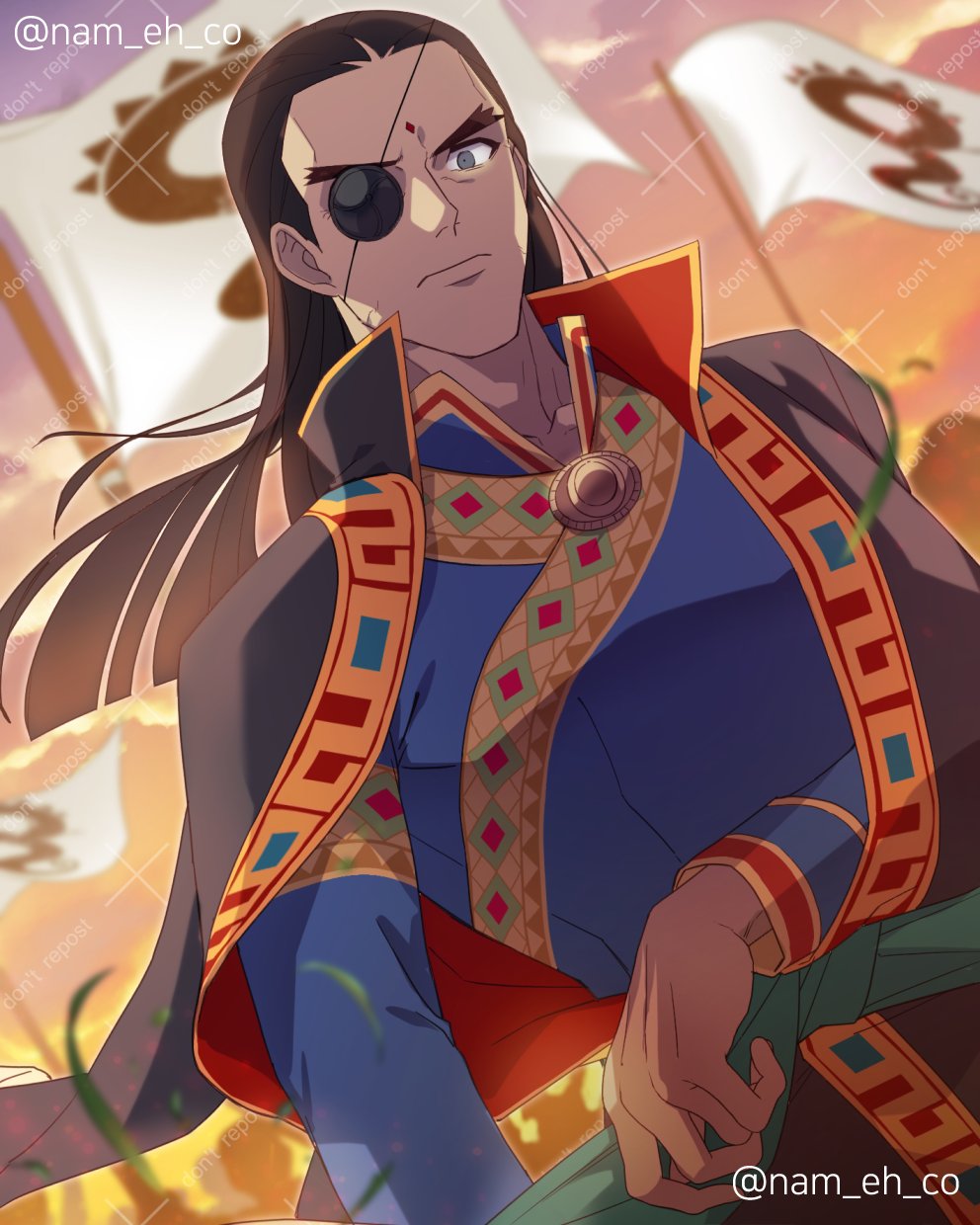 1boy, ace_attorney, arm_at_side, blue_shirt, blunt_ends, blurry, blurry_background, brooch, brown_hair, closed_mouth, clothing_request, coat, collared_coat, collared_shirt, dhurke_sahdmadhi, dutch_angle, eyepatch, facial_mark, flag, forehead_mark, green_sash, grey_coat, highres, jewelry, long_hair, long_sleeves, looking_at_viewer, male_focus, mandarin_collar, nam_eh_co, one_eye_covered, people, sash, shirt, solo, twitter_username, upper_body, waist_sash, watermark