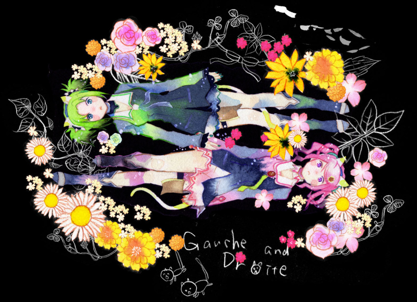 animal_ears, bad_id, black_background, cat_ears, cat_tail, character_name, droite, flower