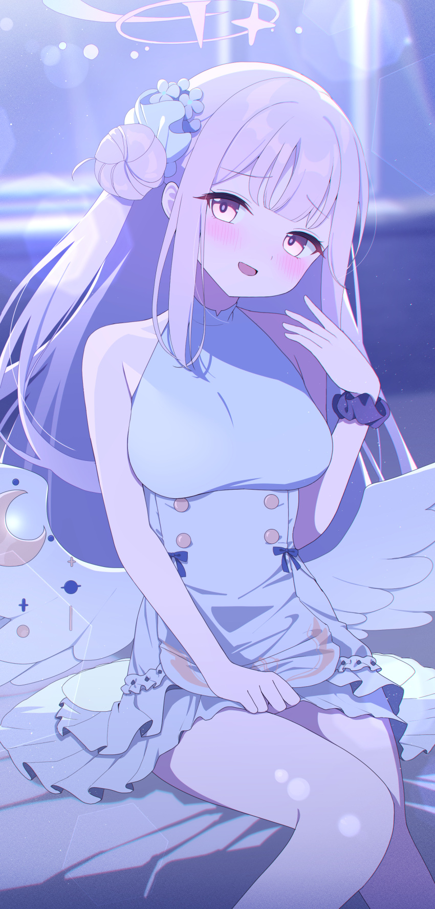 1girl, aamana0, absurdres, bare_shoulders, blue_archive, blunt_bangs, blush, breasts