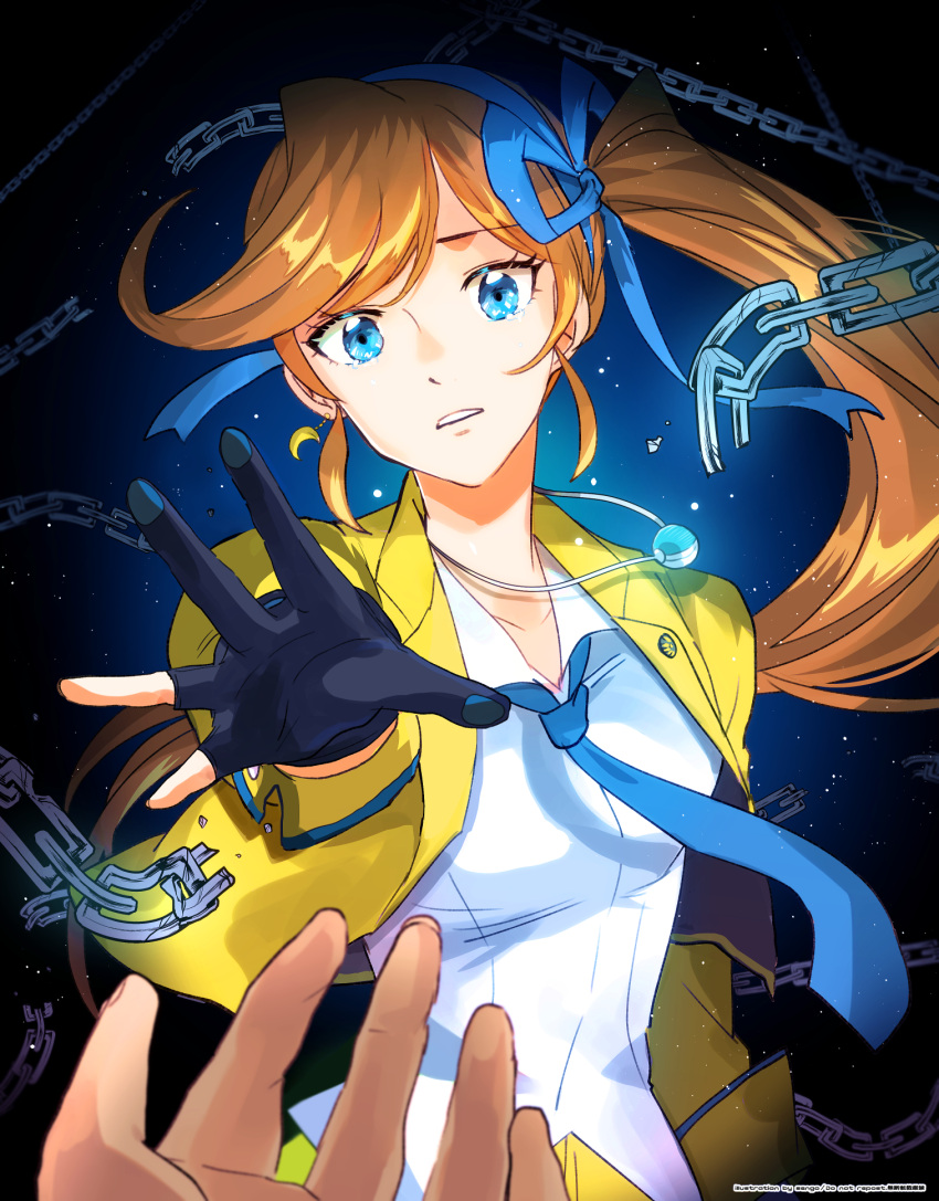 1girl, ace_attorney, airagency1005, arm_at_side, athena_cykes, black_gloves, blue_background, blue_eyes