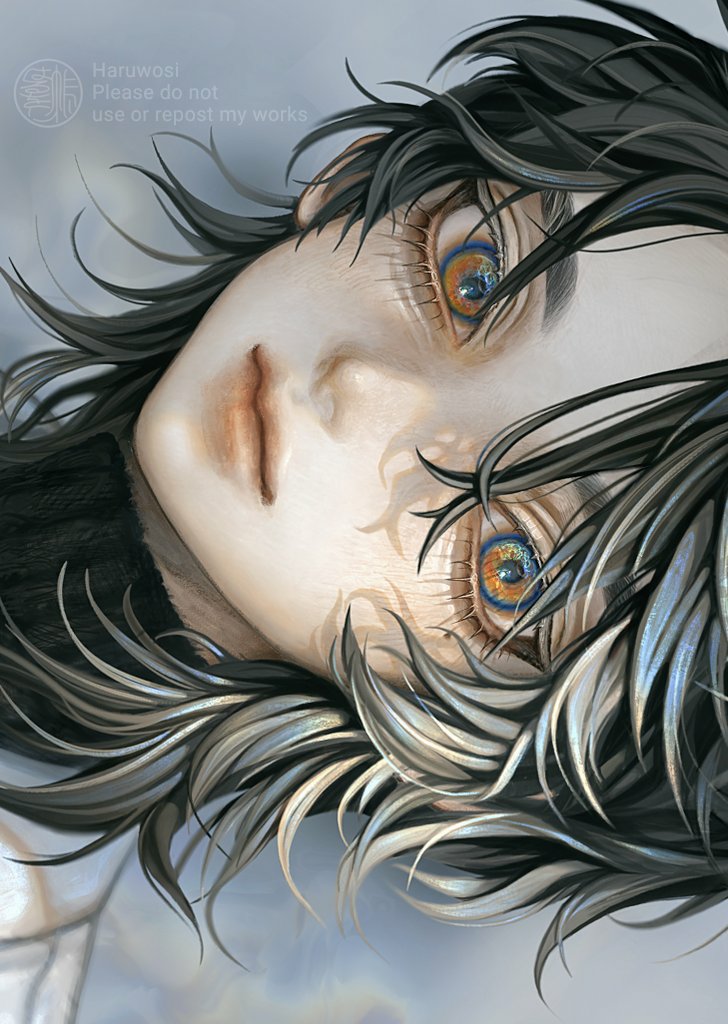 1boy, artist_name, black_hair, brown_eyes, close-up, closed_mouth, eyelashes, gradient_background