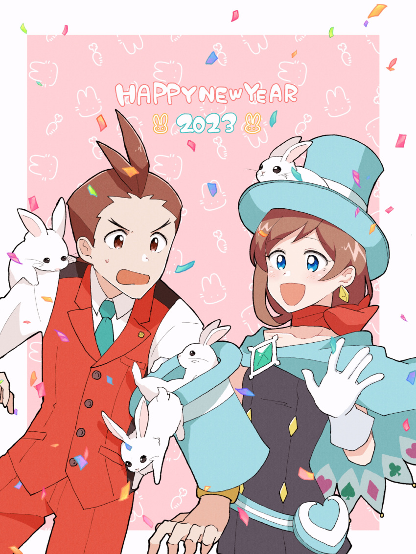 1boy, 1girl, 2023, :d, absurdres, ace_attorney, antenna_hair, apollo_justice
