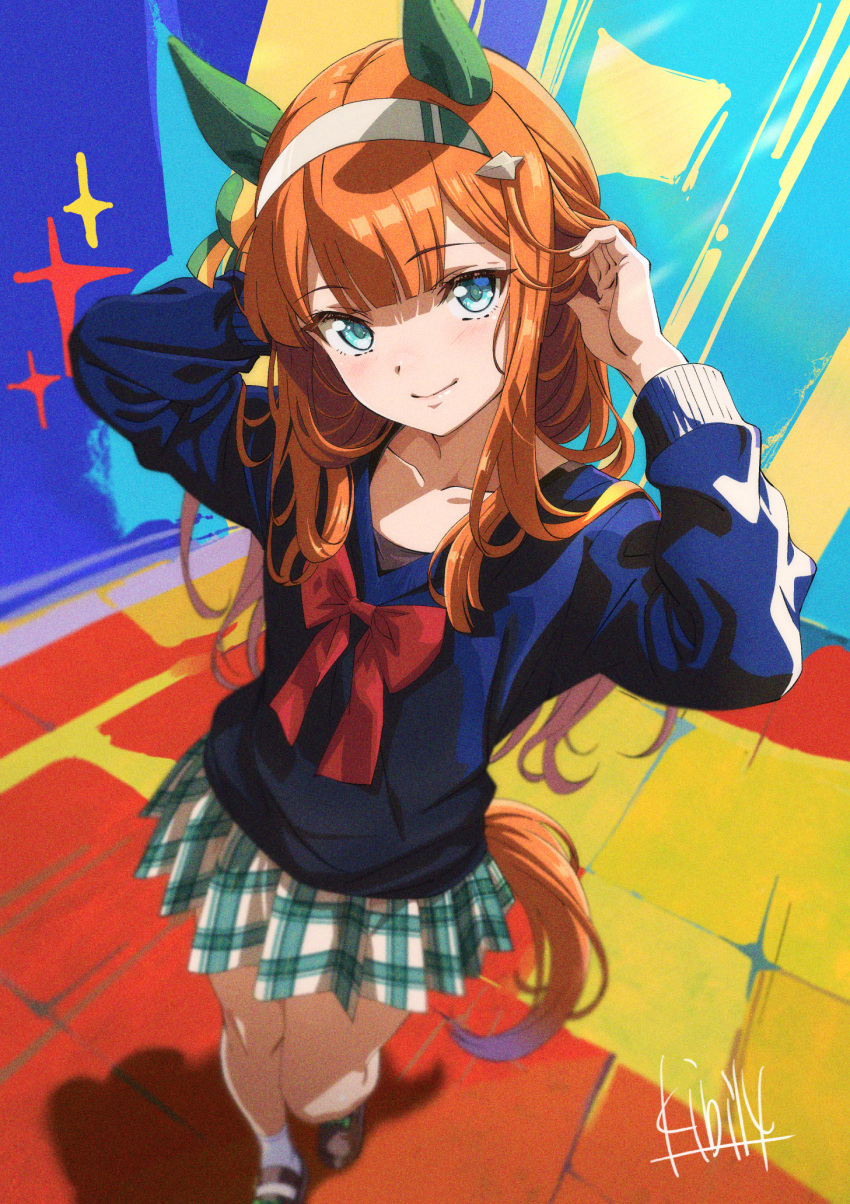 1girl, adjusting_hair, animal_ears, blue_eyes, blue_shirt, blunt_bangs, bow, collarbone, ear_covers, hairband, highres, horse_ears, horse_girl, horse_tail, kibidango_14-gou, long_hair, looking_at_viewer, miniskirt, orange_hair, plaid, plaid_skirt, red_bow, shirt, silence_suzuka_(umamusume), skirt, smile, solo, tail, umamusume, upturned_eyes, white_hairband