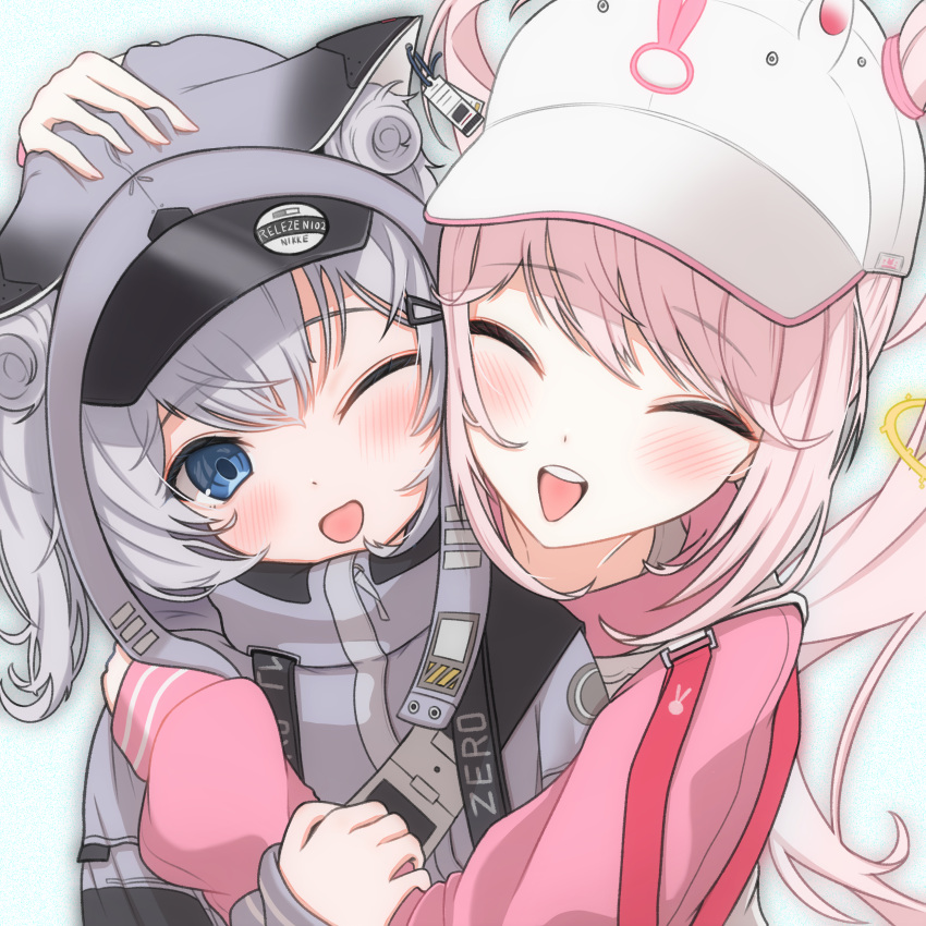 2girls, absurdres, alice_(nikke), alice_(sweet_home)_(nikke), animal_ear_headwear, animal_ears, animal_hat, baseball_cap, black_jacket, blue_eyes, blush, cat_ears, closed_eyes, commentary_request, double_bun, fake_animal_ears, floating_hair_ornament, goddess_of_victory:_nikke, grey_hair, grey_jacket, hair_between_eyes, hair_bun, hair_through_headwear, hand_on_another's_head, hat, highres, hood, hood_down, hood_up, hoodie, hug, jacket, kaboten, long_hair, long_sleeves, multicolored_clothes, multicolored_jacket, multiple_girls, n102_(nikke), official_alternate_costume, one_eye_closed, open_mouth, pink_hoodie, rabbit_hat, sidelocks, simple_background, smile, teeth, twintails, two-tone_jacket, upper_teeth_only, visor_cap