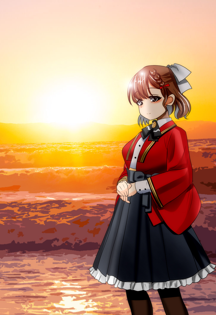 1girl, asahi_(kancolle), black_hakama, black_pantyhose, bow, braid, brown_hair, feet_out_of_frame