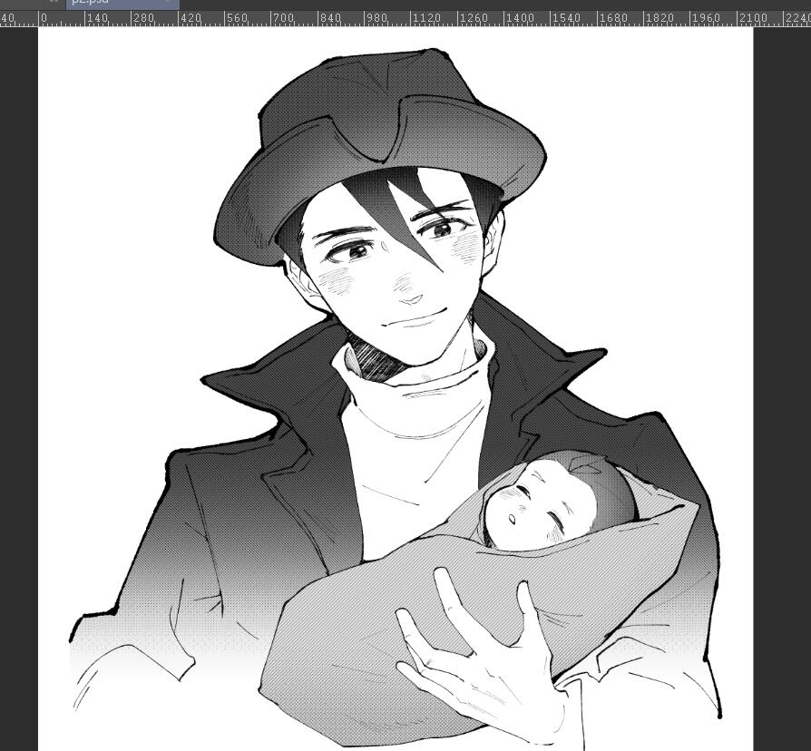 2boys, ace_attorney, aged_down, antenna_hair, apollo_justice, art_program_in_frame, baby, closed_eyes, closed_mouth, collared_jacket, cropped_torso, father_and_son, greyscale, hair_between_eyes, hat, holding_baby, jove_justice, m18280226378, male_focus, monochrome, multiple_boys, parted_lips, short_hair, swaddled, turtleneck, upper_body, very_short_hair, white_background