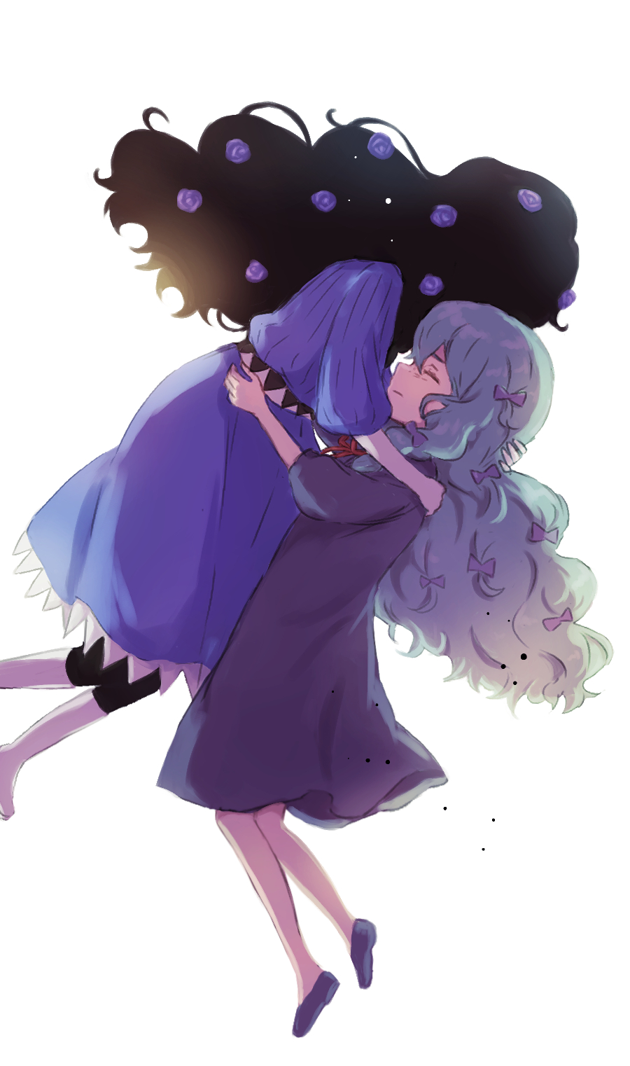 2girls, barbara_(shadows_house), barbie_(shadows_house), black_skin, blue_bow, blue_dress, blue_flower, blue_footwear