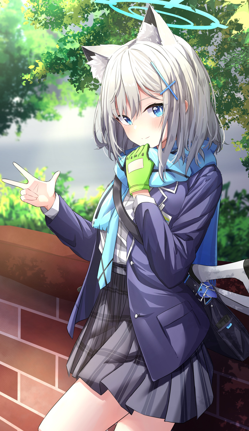 1girl, absurdres, animal_ear_fluff, animal_ears, black_bag, black_skirt, blue_archive, blue_eyes