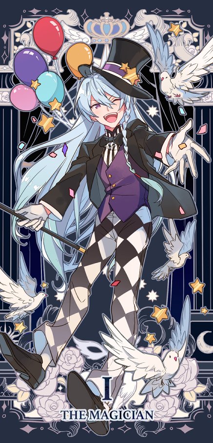 1boy, balloon, bird, bishounen, black_bow, black_bowtie, black_headwear, black_jacket