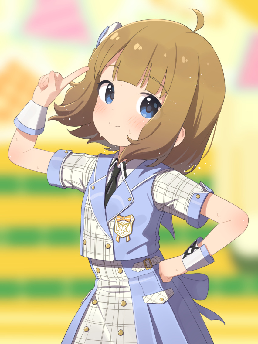 1girl, ahoge, black_necktie, blue_eyes, blunt_bangs, blurry, blurry_background, brown_hair, clenched_hand, closed_mouth, commentary_request, depth_of_field, future_signature_(idolmaster), hand_on_own_hip, highres, idolmaster, idolmaster_million_live!, idolmaster_million_live!_theater_days, looking_at_viewer, matanukinuki, necktie, pointing, pointing_up, short_hair, smile, solo, suou_momoko, sweat, tareme, upper_body