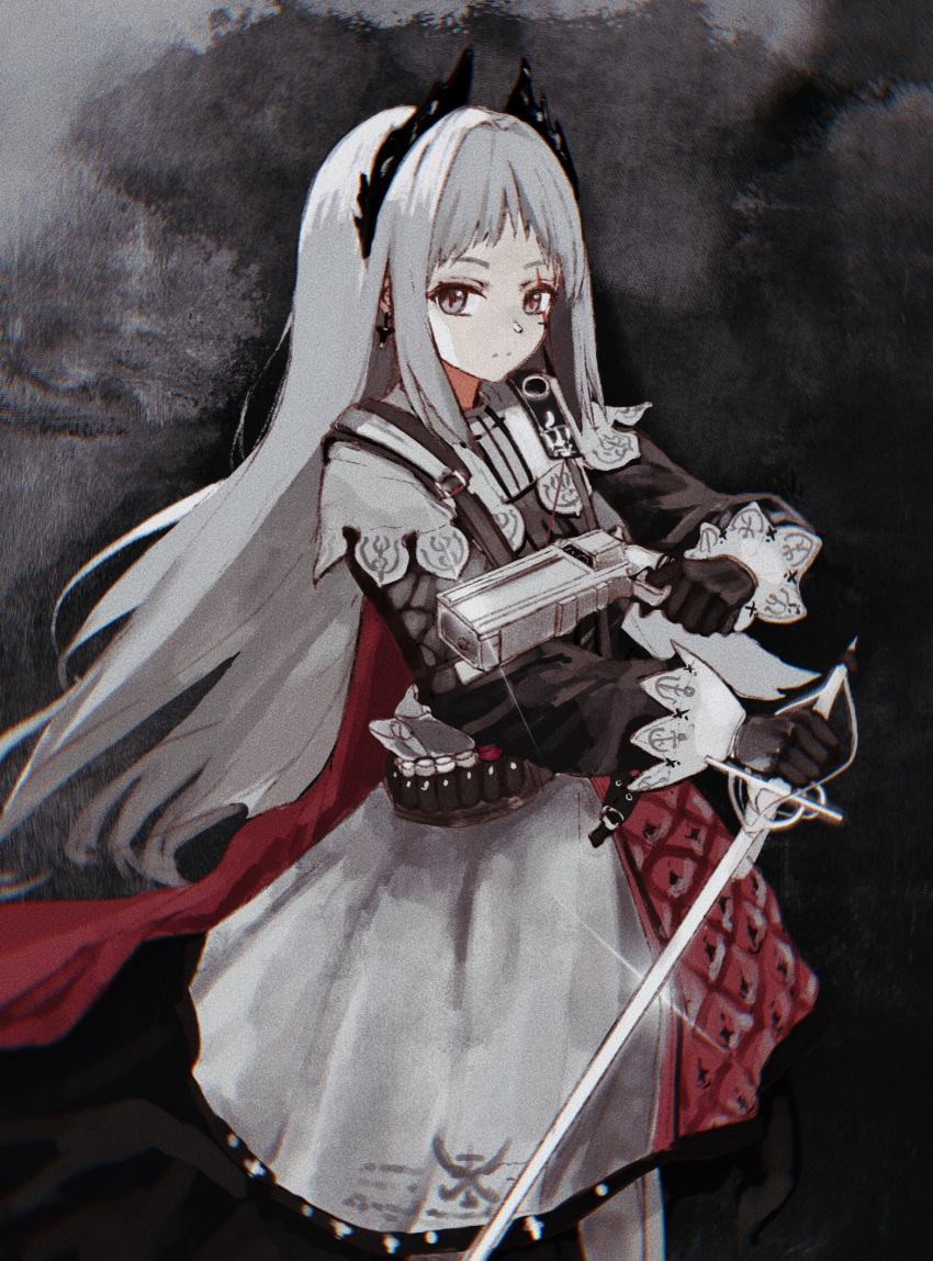 1326496175, 1girl, arknights, black_dress, black_gloves, cowboy_shot, dress, dual_wielding