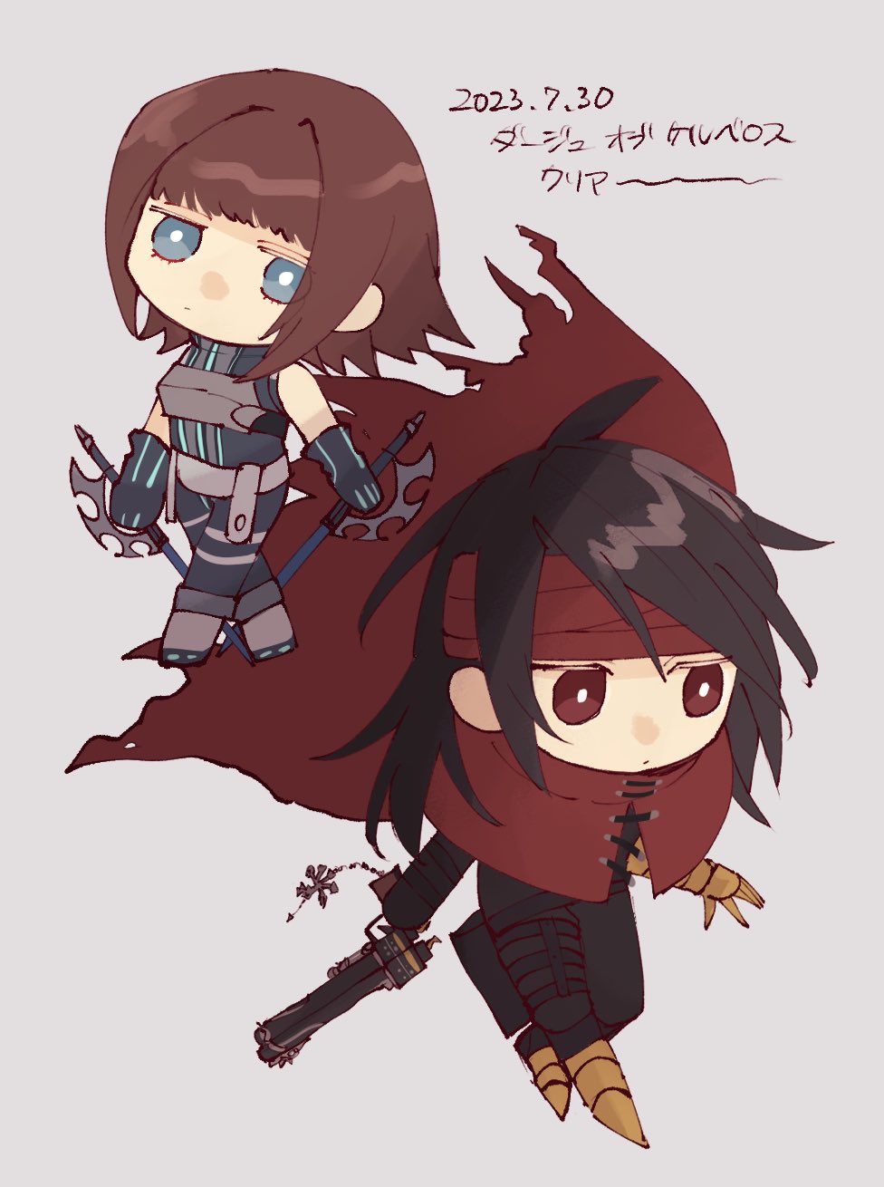 1boy, 1girl, armor, asymmetrical_armor, asymmetrical_arms, black_bodysuit, black_gloves, black_hair, black_pants, blue_eyes, body_armor, bodysuit, brown_hair, cape, chibi, clawed_gauntlets, dirge_of_cerberus_final_fantasy_vii, elbow_gloves, final_fantasy, final_fantasy_vii, gauntlets, gloves, gun, highres, holding, holding_gun, holding_polearm, holding_weapon, long_hair, long_sleeves, nitoya_00630a, pants, pointed_footwear, polearm, red_cape, red_eyes, shelke_rui, short_hair, single_gauntlet, spear, vincent_valentine, weapon