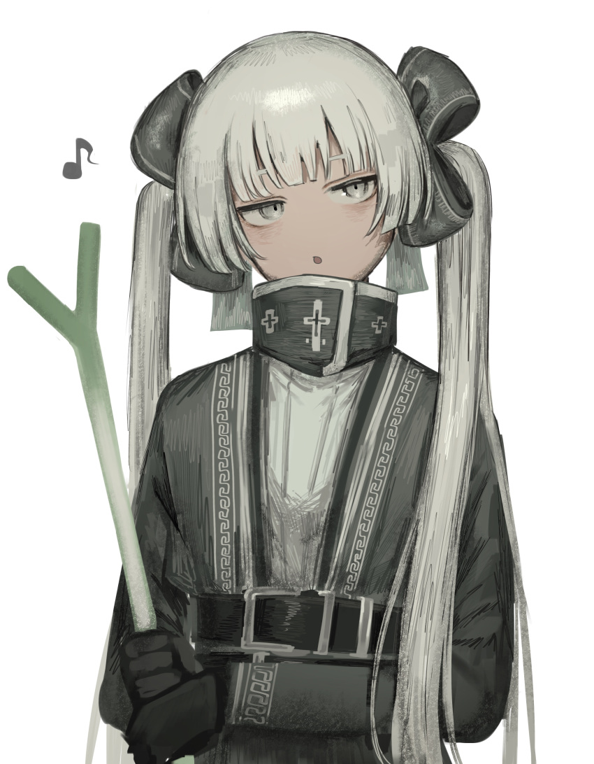 1girl, :o, absurdres, belt, belt_buckle, black_belt, blunt_bangs, buckle, charon_(limbus_company), dress, eighth_note, eyebrows_hidden_by_hair, fkrnnmr, food, grey_dress, grey_hair, high_collar, highres, holding, holding_food, limbus_company, long_hair, musical_note, no_nose, project_moon, simple_background, solo, spring_onion, twintails, very_long_hair, white_background