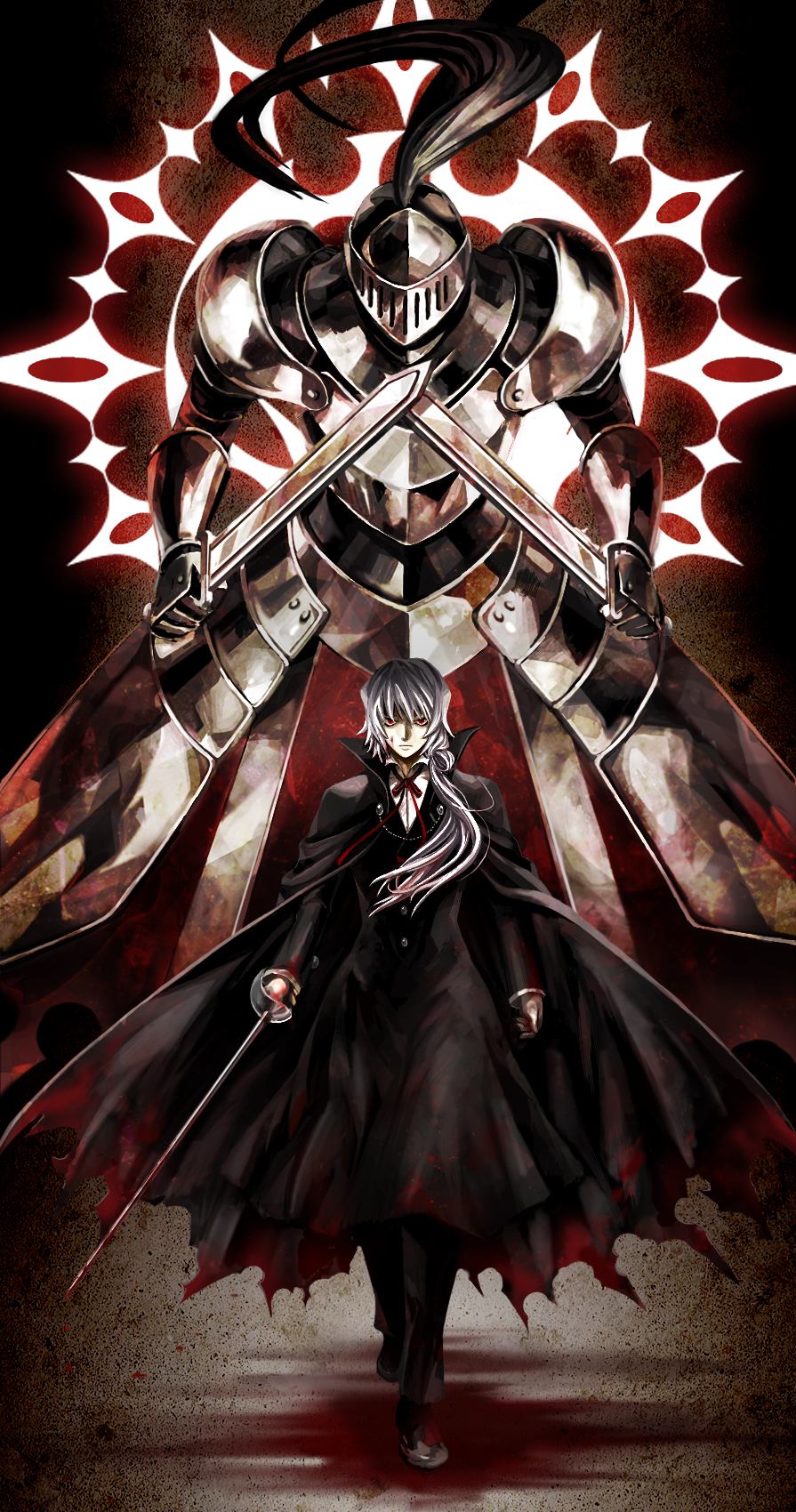 albus_(pandora_hearts), armor, blood, cape, emi_(penguin908), highres, kevin_regnard, male, pandora_hearts, red_eyes, short_hair, silver_hair, solo, sword, trench_coat, trenchcoat, weapon, xerxes_break
