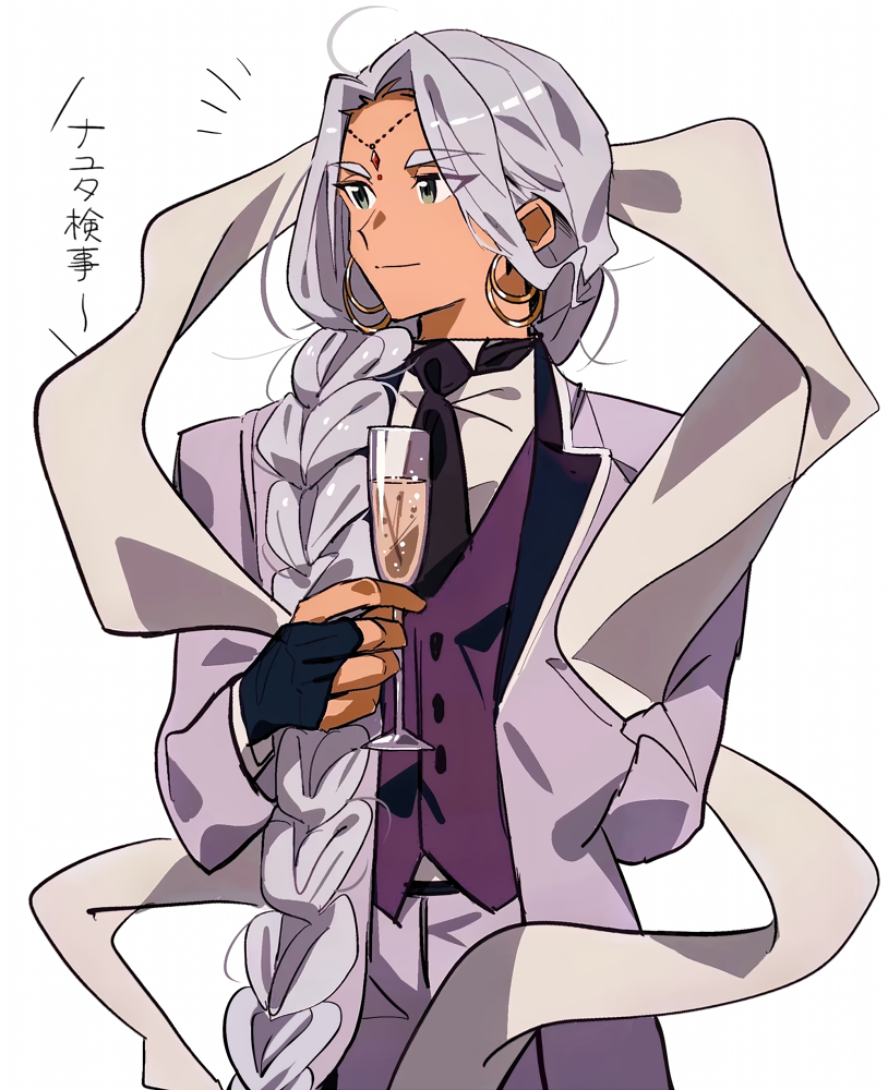 1boy, ace_attorney, aqua_eyes, arm_behind_back, black_necktie, braid, bridal_gauntlets, buttons