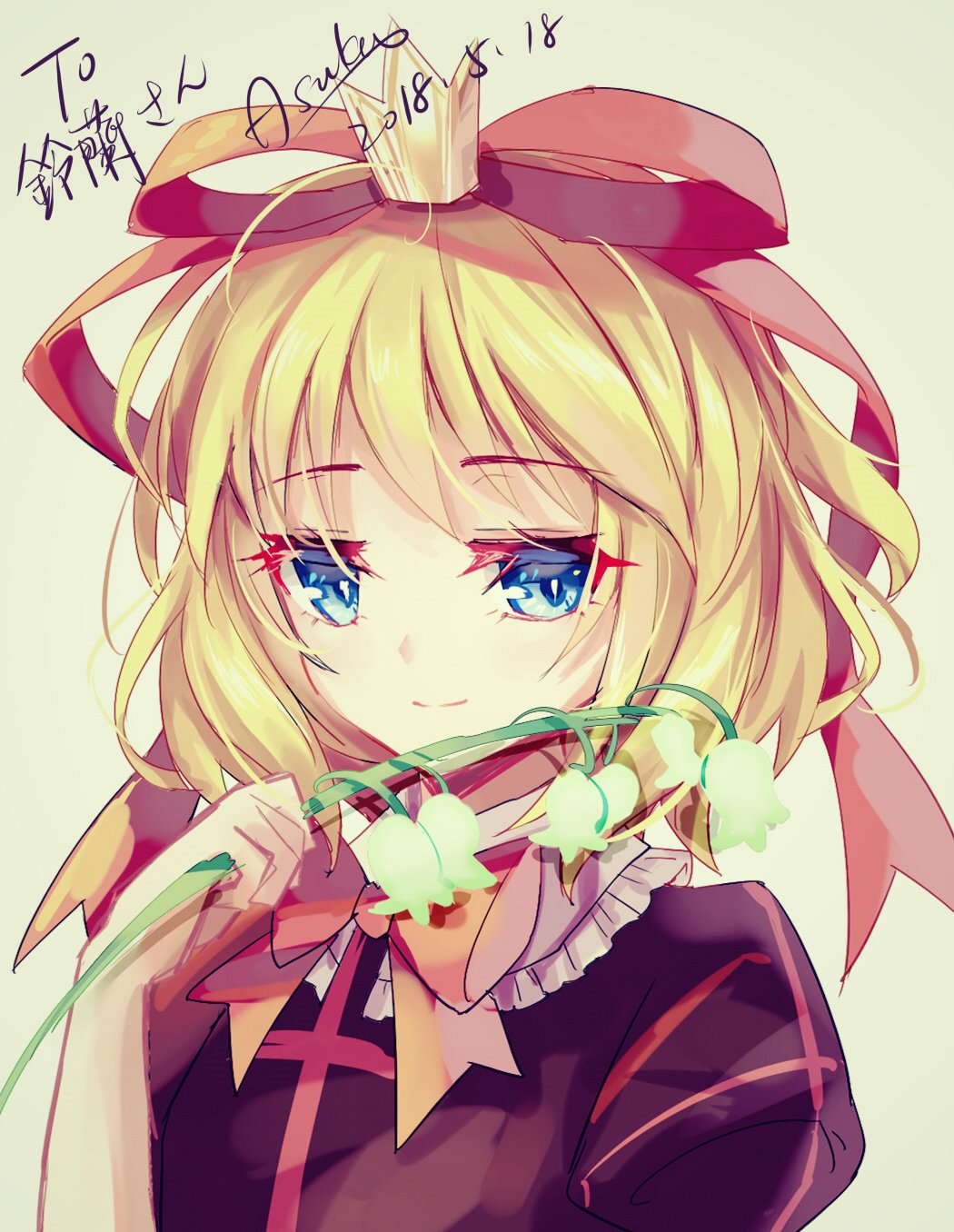 1girl, akinomiya_asuka, alternate_costume, artist_name, blonde_hair, blue_eyes, bow, crown