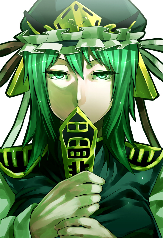 bad_id, bow, face, frills, green, green_eyes, green_hair, hands